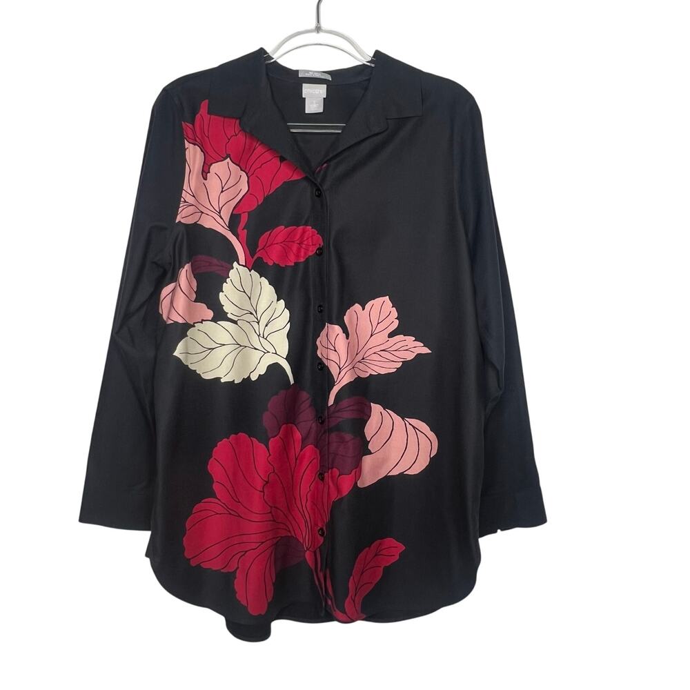 CHICO'S No-Iron Chic Stretch Shirt Classic Fit Black Multi Floral Womens Size 12 - Picture 5 of 5